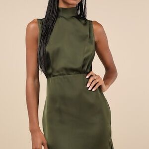 Lulus Classic Elegance Olive Satin Sleeveless Mock Neck Mini Dress Green